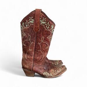 Women's western Cowboy boots vintage brown Leather Circle G Embroidered Stitch 8